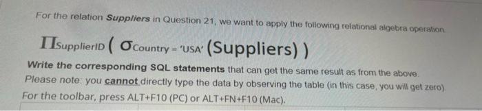 Solved For the relation Suppliers in Question 21, we want to | Chegg.com