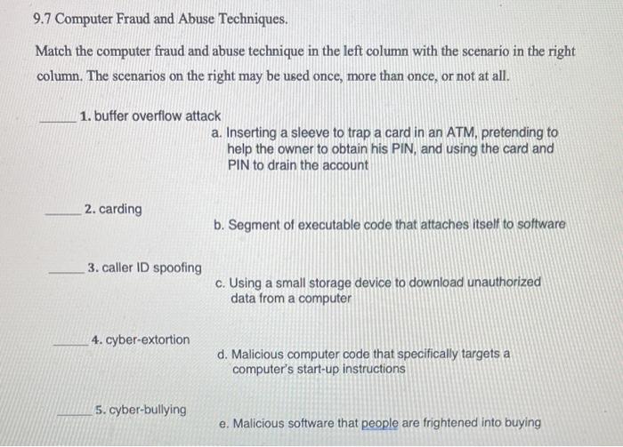 9.7 Computer Fraud and Abuse Techniques.
Match the computer fraud and abuse technique in the left column with the scenario in