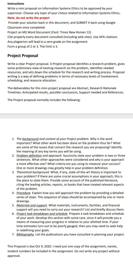 Instructions Write a mini proposal on Information | Chegg.com