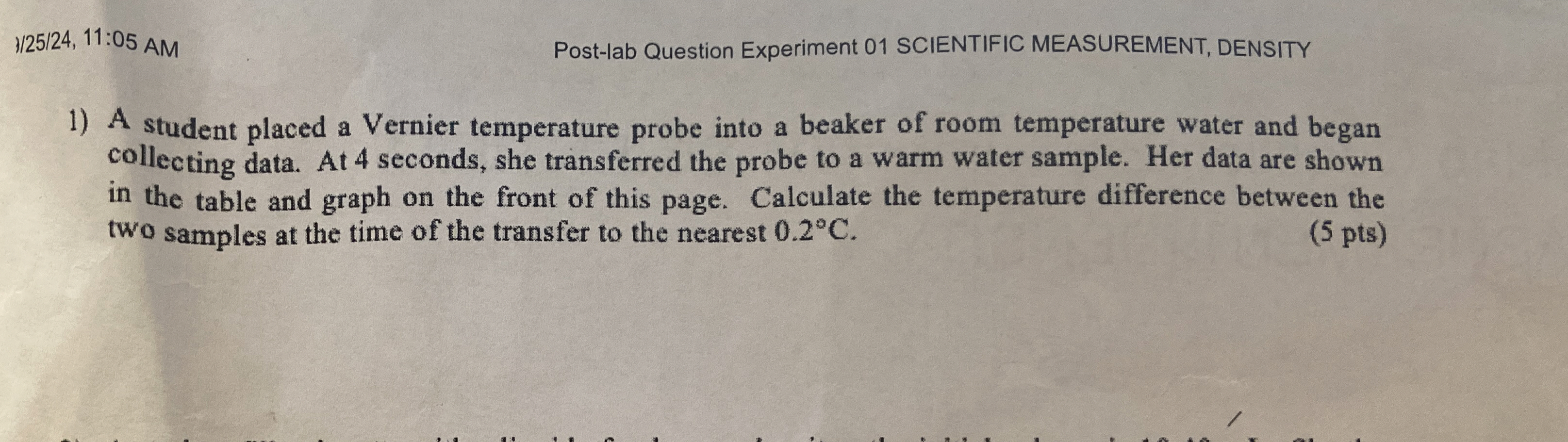 A student placed a Vernier temperature probe into a