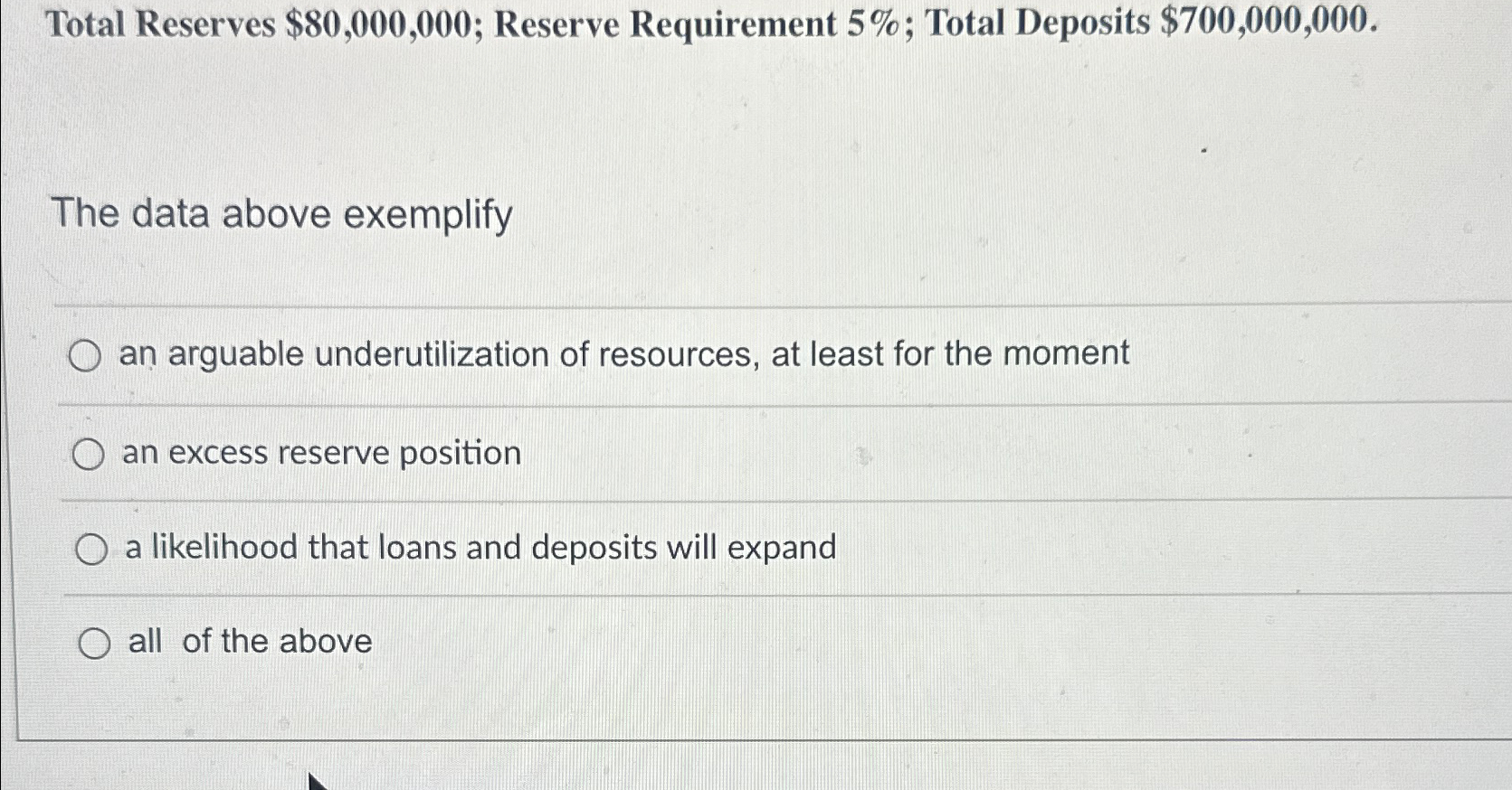 Solved Total Reserves $80,000,000; Reserve Requirement 5%; | Chegg.com