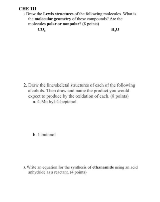 Solved CHE 111 1. Draw the Lewis structures of the following | Chegg.com