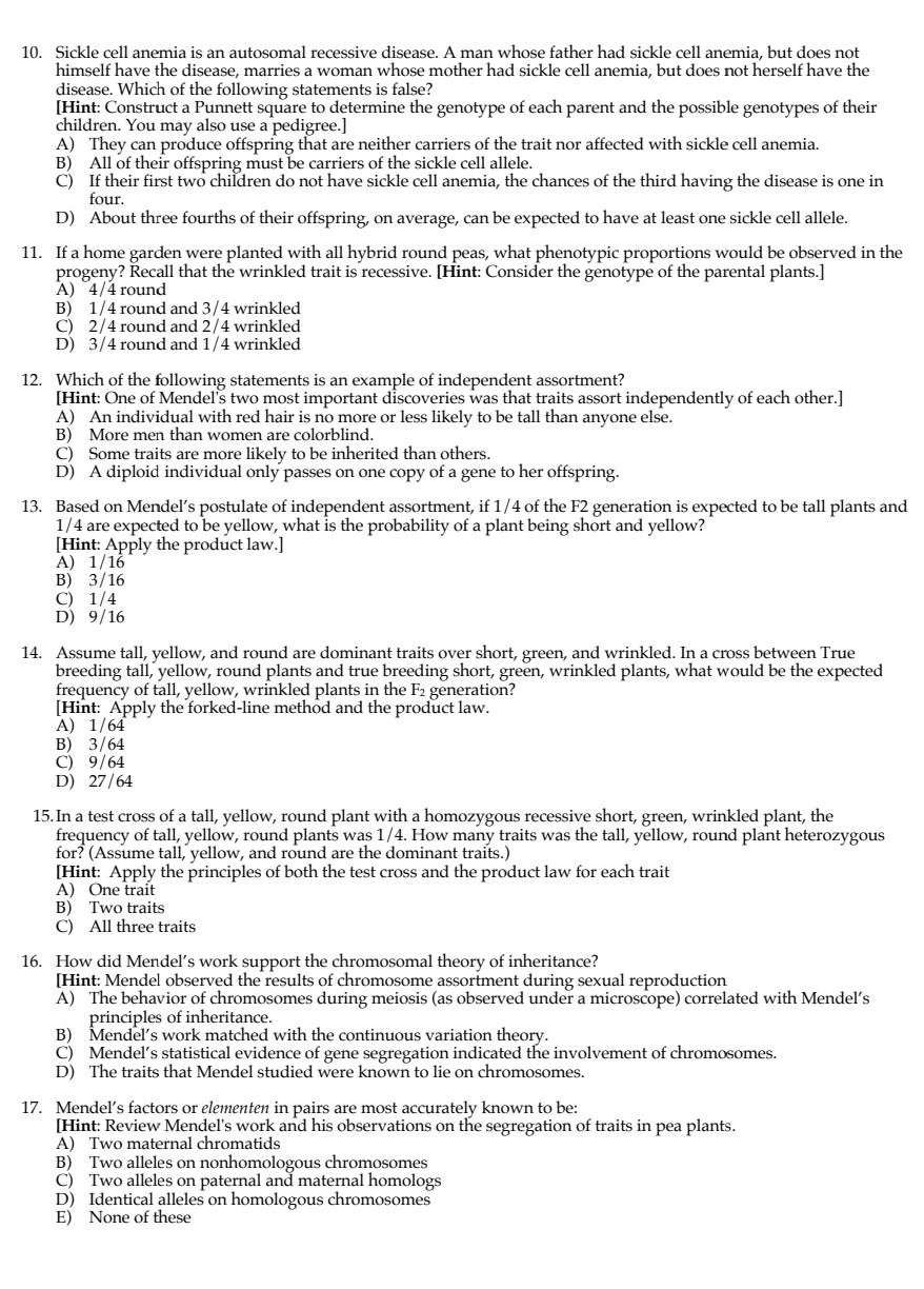Solved 10. Sickle cell anemia is an autosomal recessive | Chegg.com