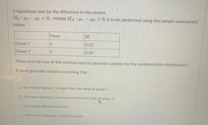 Solved A hypothesis test for the difference in two means, | Chegg.com