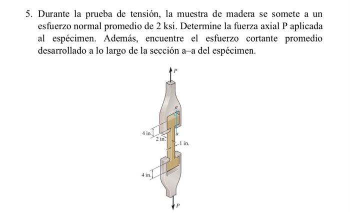 5. Durante la prueba de tensión, la muestra de madera se somete a un esfuerzo normal promedio de 2 ksi. Determine la fuerza a