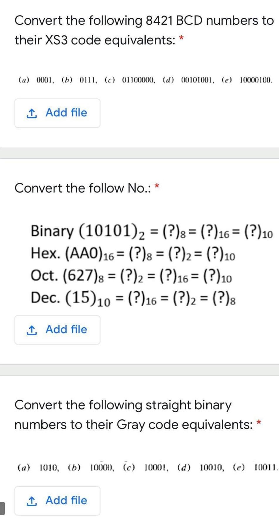 Solved Convert the following 8421 BCD numbers to their XS3 | Chegg.com