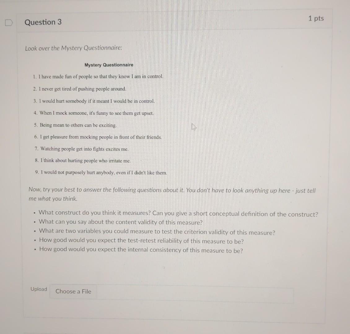 Solved 1 pts Question 3 Look over the Mystery Questionnaire: | Chegg.com