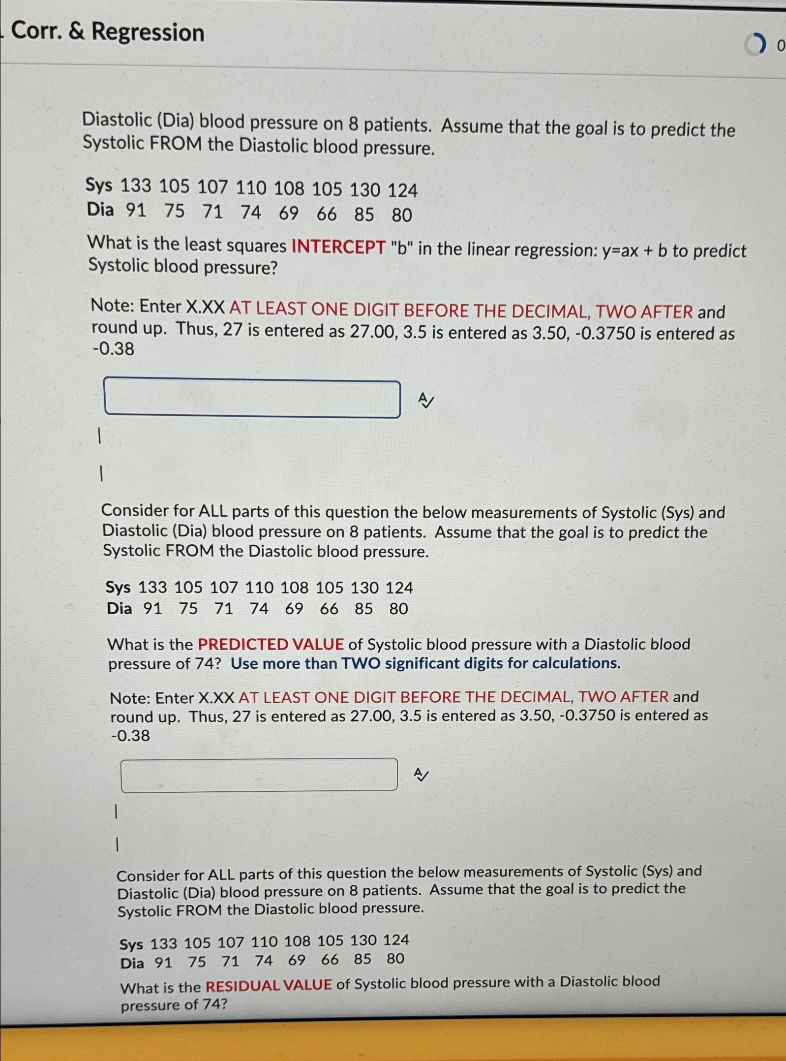 Solved Corr. & Regressiondiastolic (dia) ﻿blood Pressure On 