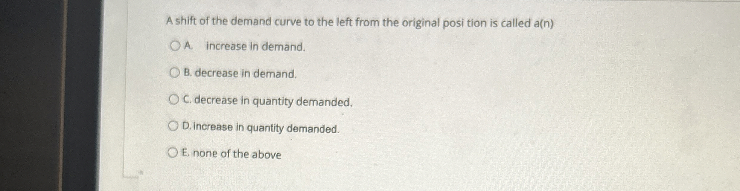 Solved A shift of the demand curve to the left from the | Chegg.com