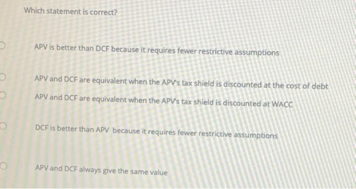 Solved Which statement is correct? APV is better than DCF | Chegg.com