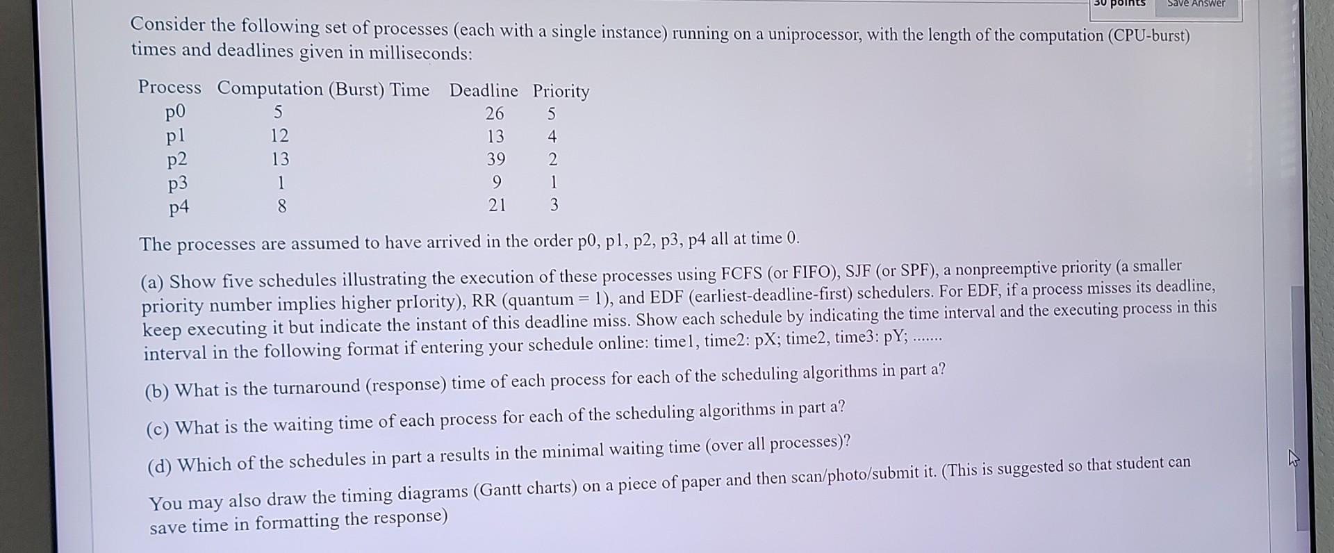 Solved Save Answer Consider the following set of processes | Chegg.com