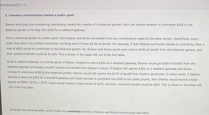 Solved 3. Voluntary contributions toward a public good | Chegg.com