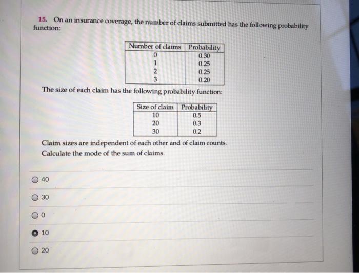 Solved 15. On an insurance coverage, the number of claims | Chegg.com