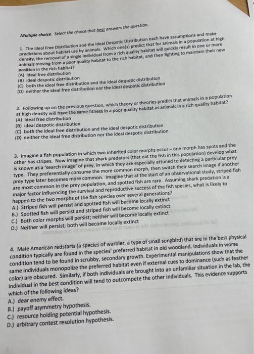 Solved 1. The ldeal Free Oistribution and the ideal Despotic | Chegg.com