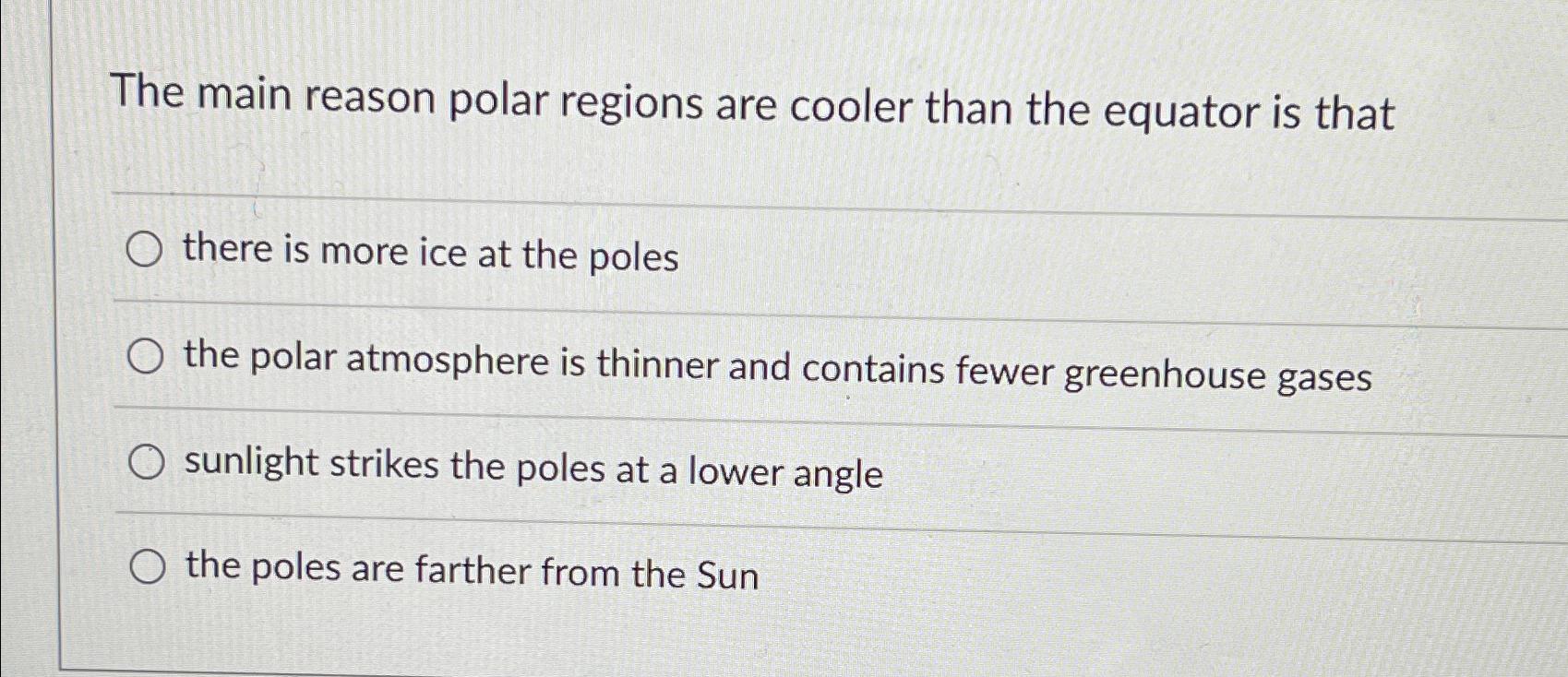 Solved The main reason polar regions are cooler than the | Chegg.com