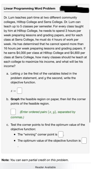 Solved Linear Programming Word Problem Dr. Lum teaches | Chegg.com