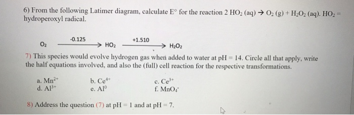 O2 H2o2 Latimer Diagram Solved 6) From the following Latimer diagram, calculate Eº | Chegg.com