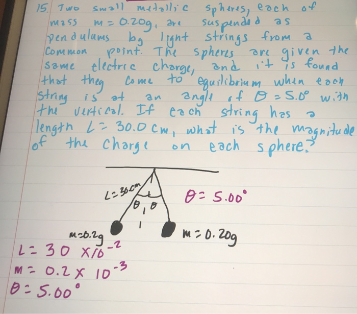 Solved 15. Two Small Metallic Spheres, Each Of Mass M=0.20g, | Chegg.com