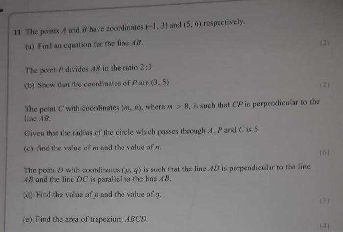 Solved 11 The points A and B have coordinates (-1, 3) and | Chegg.com