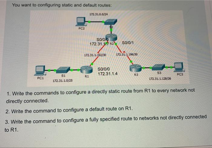 Solved You want to configuring static and default routes: 1. | Chegg.com