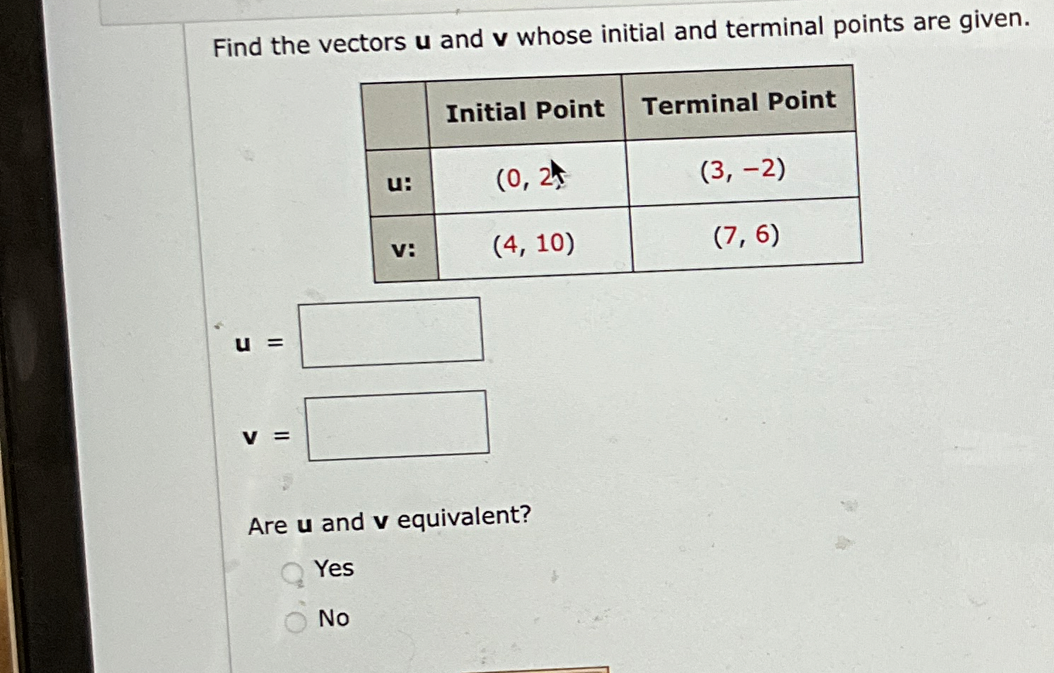 Solved Find the vectors u ﻿and v ﻿whose initial and terminal | Chegg.com