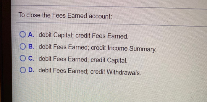 Solved To close the Fees Earned account: O A. debit Capital; | Chegg.com