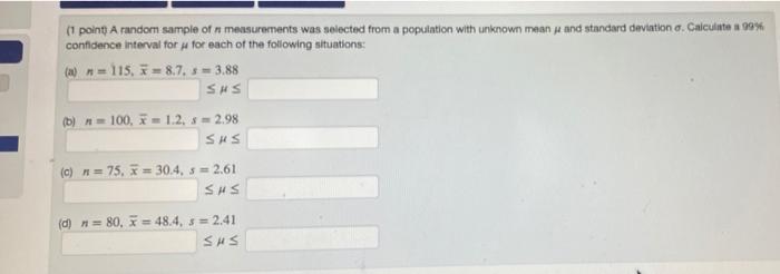 Solved (1 point A random sample of n messurements was | Chegg.com