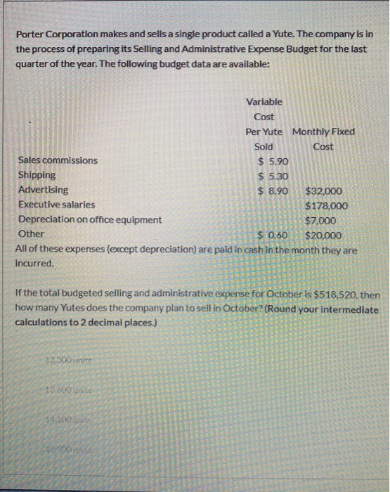 Solved Porter Corporation makes and sells a single product