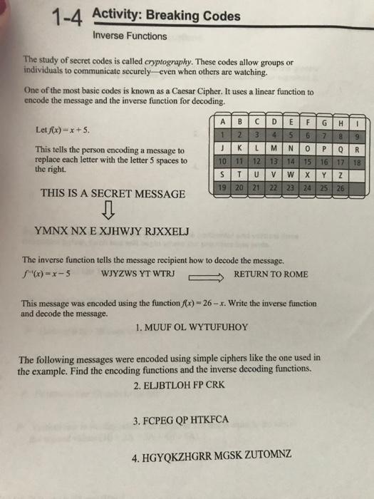 Solved 1-4 Activity: Breaking Codes Inverse Functions The | Chegg.com