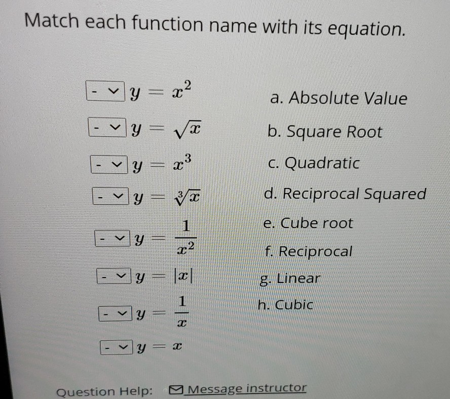 Solved Match Each Function Name With Its Equation Vy X2 Chegg Com
