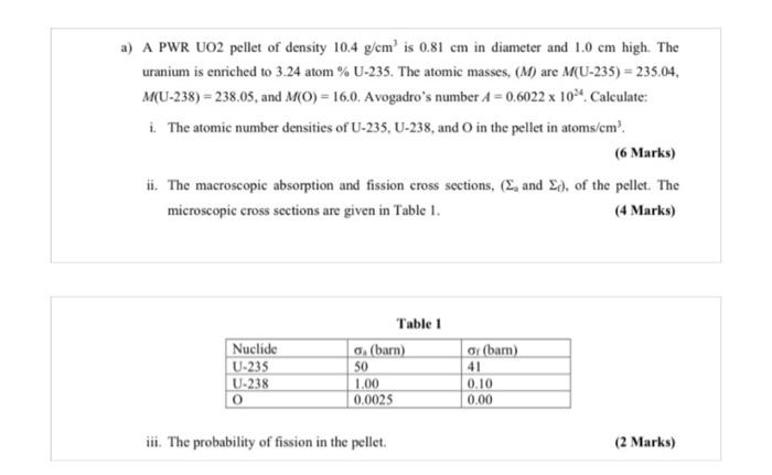 a) A PWR UO2 pellet of density 10.4 g/cm' is 0.81 cm | Chegg.com