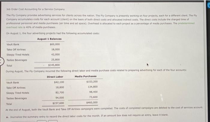 Solved Job Order Cost Accounting for a Service Company The | Chegg.com