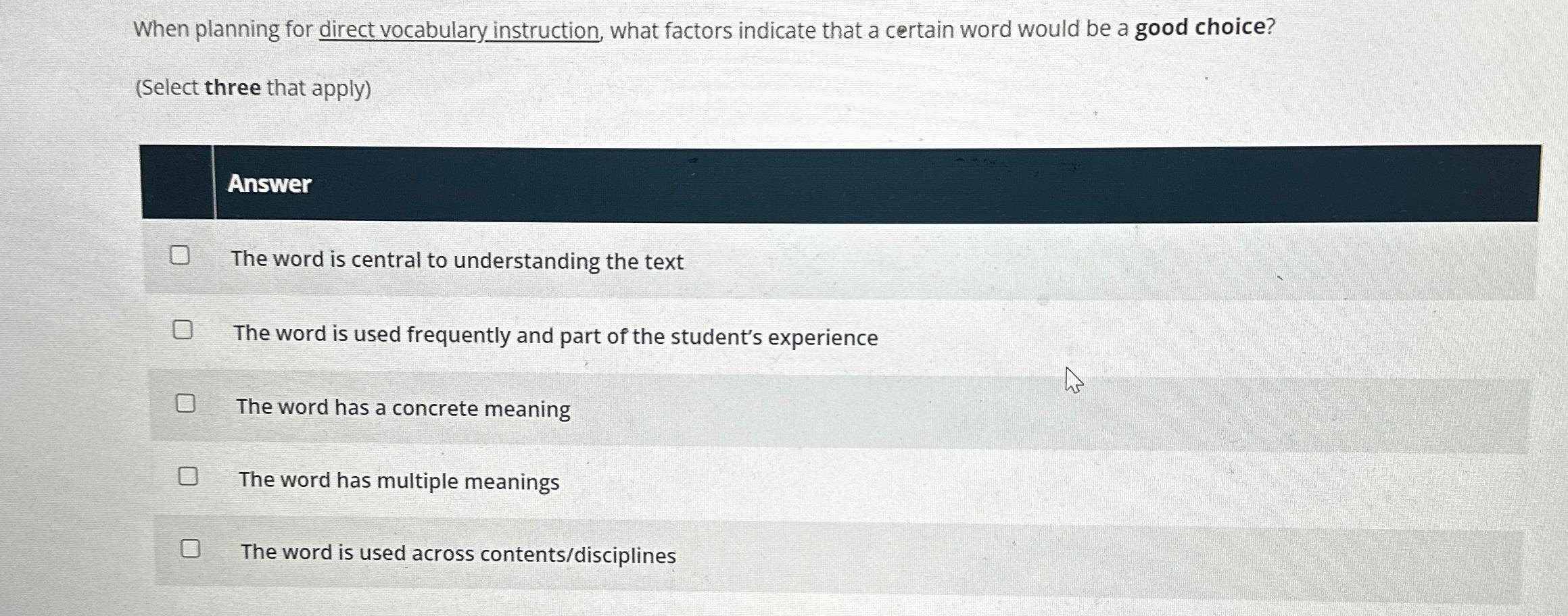 Solved When planning for direct vocabulary instruction, what | Chegg.com