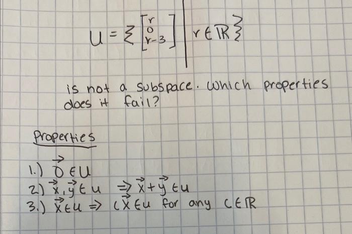 Solved U=⎩⎨⎧⎣⎡r0r−3⎦⎤∣r∈R⎭⎬⎫ is not a subspace. Which | Chegg.com