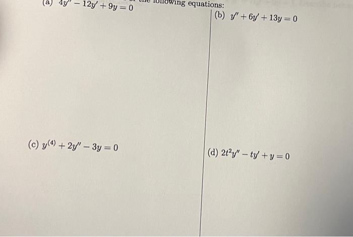 (a) \( 4 y^{\prime \prime}-12 y^{\prime}+9 y=0 \quad \) ting equations: (b) \( y^{\prime \prime}+6 y^{\prime}+13 y=0 \) \( y^