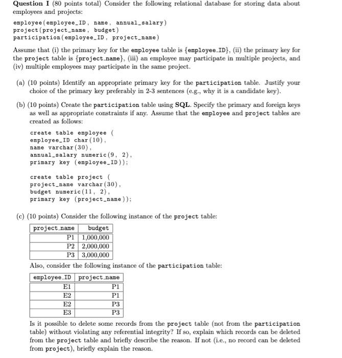 Solved Question I (80 points total) Consider the following | Chegg.com