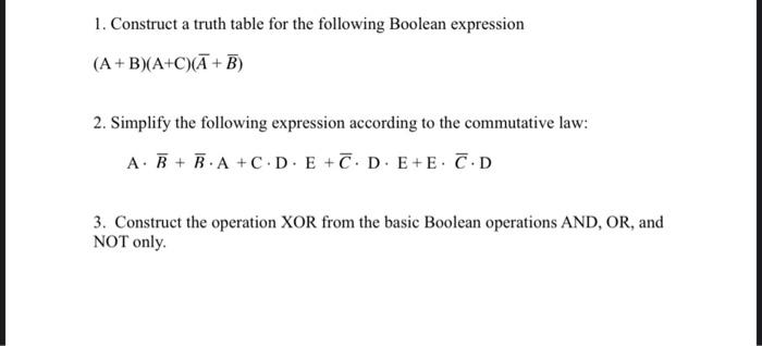 Solved 1. Construct A Truth Table For The Following Boolean | Chegg.com