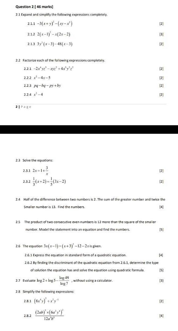 Question 2 46 Marks 2 1 Expand And Simplify The Chegg Com