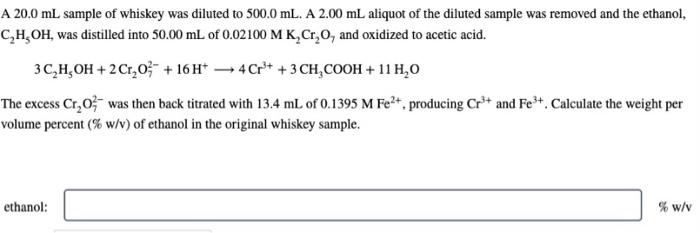 Solved A 20.0 mL sample of whiskey was diluted to 500.0 mL. | Chegg.com