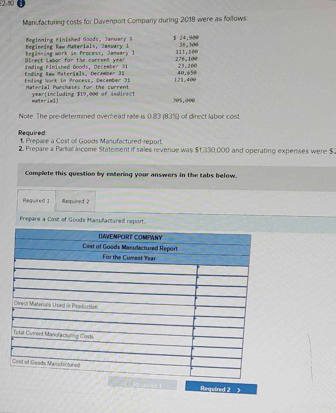 Solved Manufacturing costs for Davenport Company during 2018