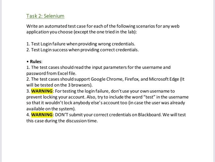 Task 2: Selenium Write an automated test case for | Chegg.com