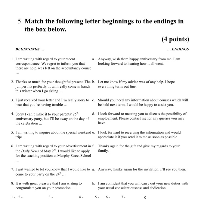 Solved 5 Match The Following Letter Beginnings To The En Chegg Com
