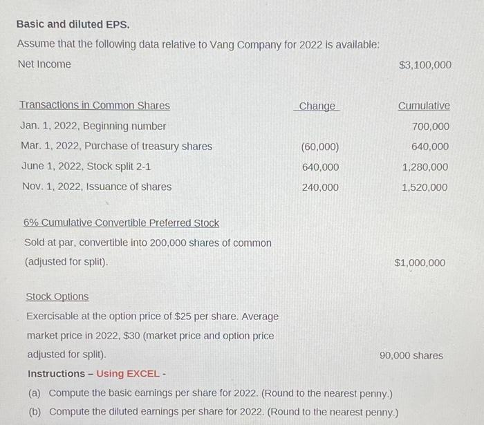 Solved Basic And Diluted EPS. Assume That The Following Data | Chegg.com