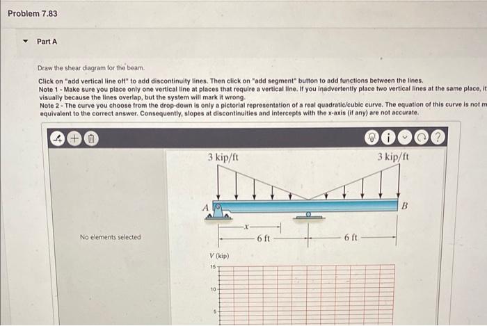 Draw the shear diagram for the beam.
Click on add vertical line off to add discontinuity lines. Then click on add segment