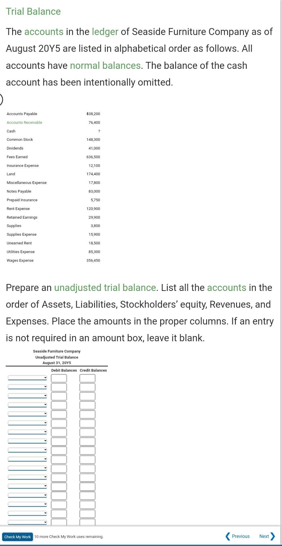 Solved Trial Balance The Accounts In The Ledger Of Seaside | Chegg.com