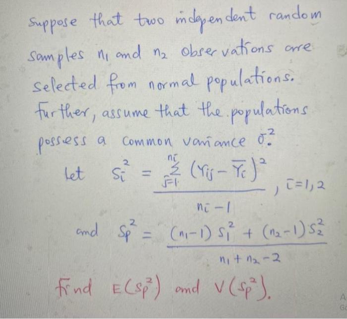 Solved Suppose that two independent random samples in, and | Chegg.com