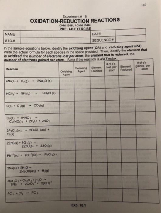 Solved Experiment 18 OXIDATIONREDUCTION REACTIONS CHM