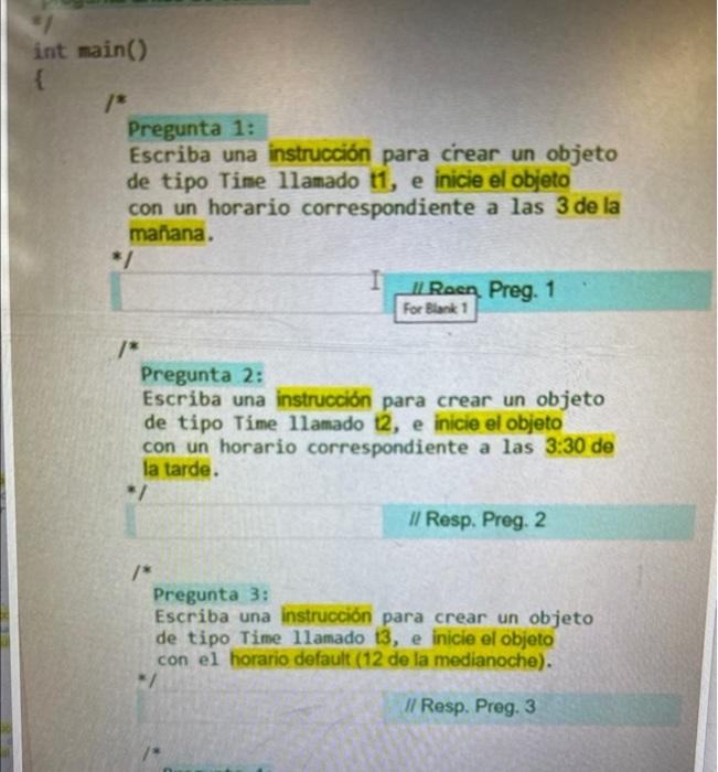 Pregunta 1: Escriba una instrucción para crear un objeto de tipo Time 1lamado t1, e inicie el objeto con un horario correspon