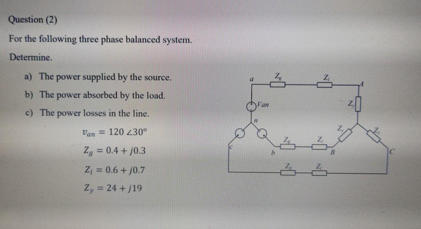 Solved Question (2) For the following three phase balanced | Chegg.com