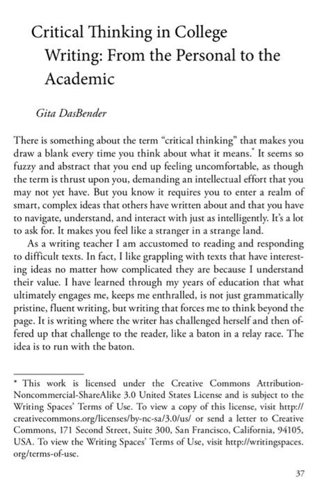 critical thinking in college writing from the personal to the academic by gita dasbender